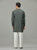 Olive green leafy embroidery linen men kurta suit
