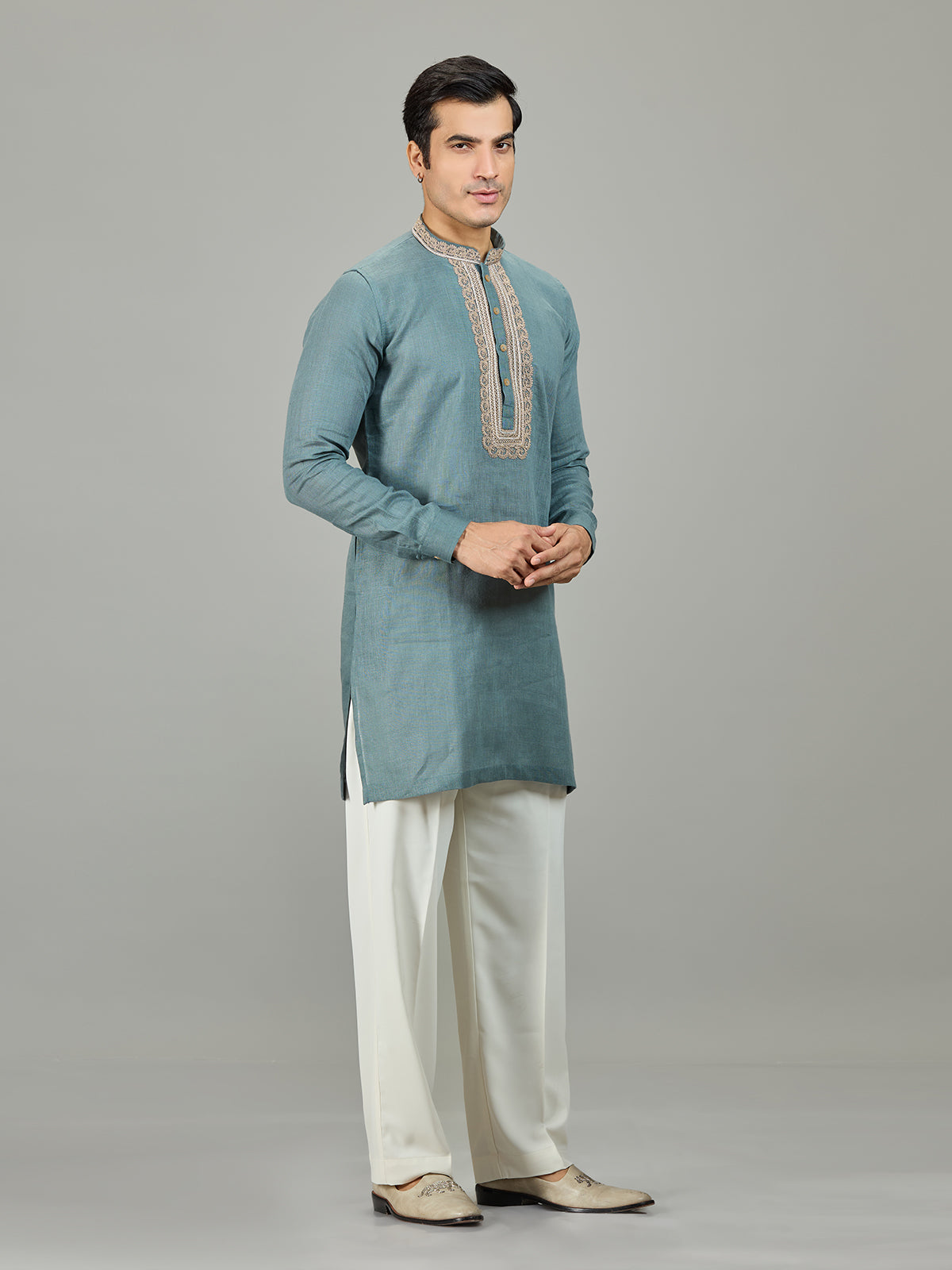Sage green leaf border linen men kurta suit