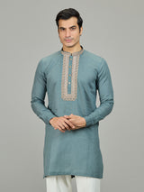 Sage green leaf border linen men kurta suit