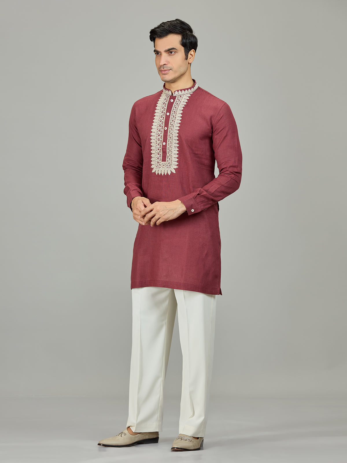 Maroon heritage border linen men kurta suit