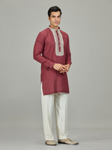 Maroon heritage border linen men kurta suit