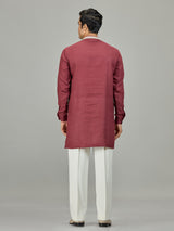 Maroon heritage border linen men kurta suit