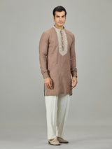 Brown chikan inspired zardosi linen men kurta suit