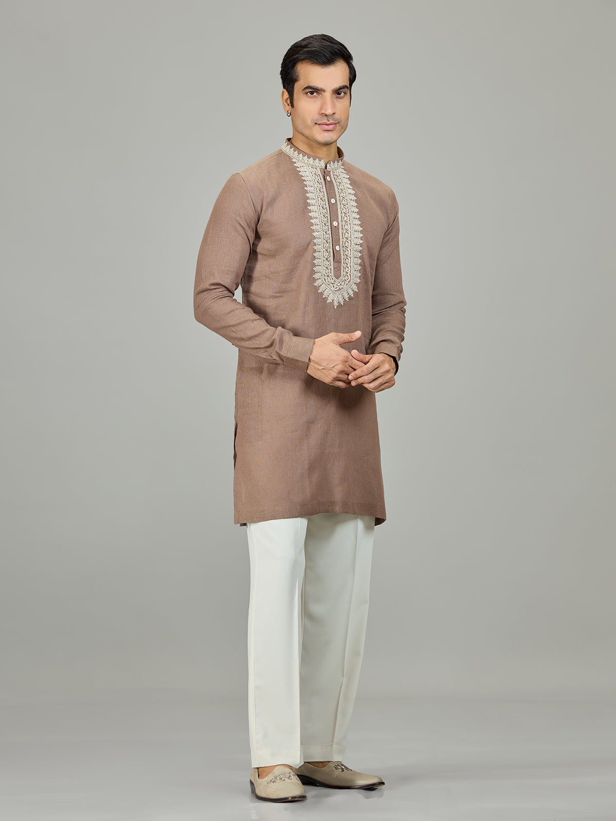 Brown chikan inspired zardosi linen men kurta suit