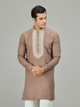 Brown chikan inspired zardosi linen men kurta suit