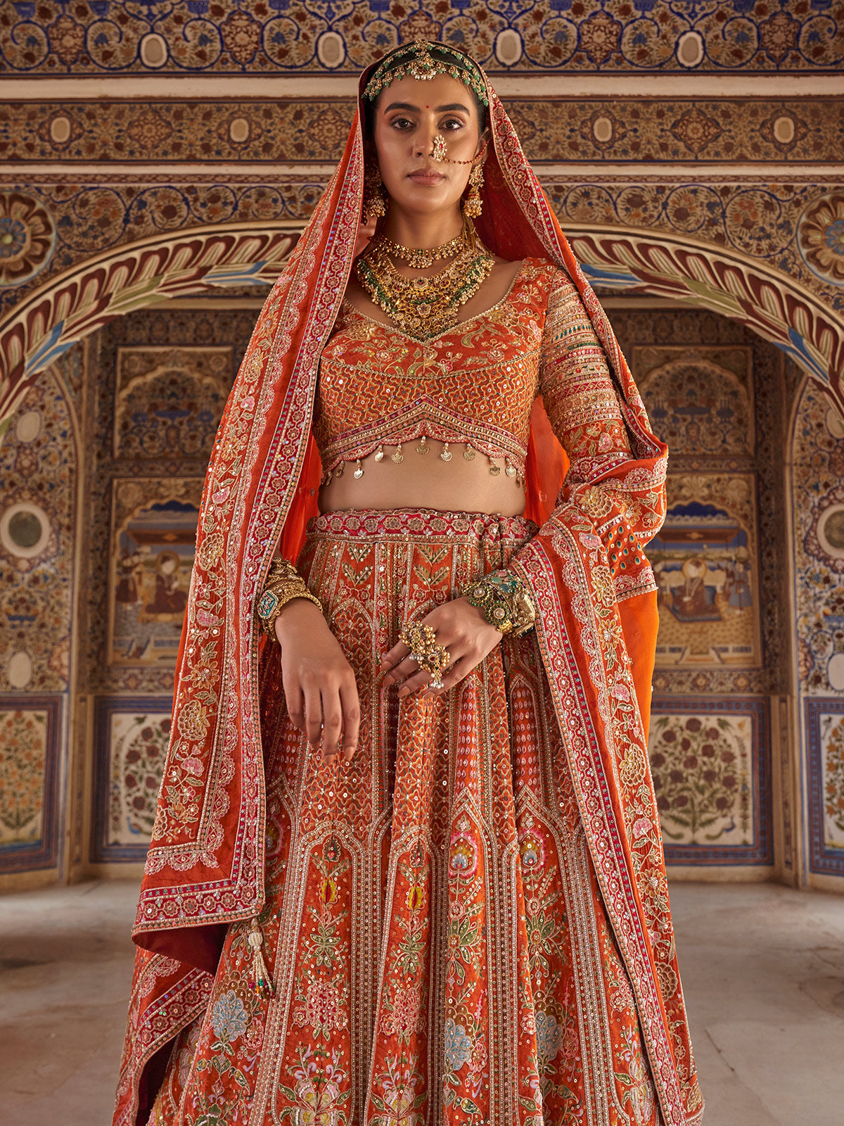Orange mughal floral women bridal lehenga choli