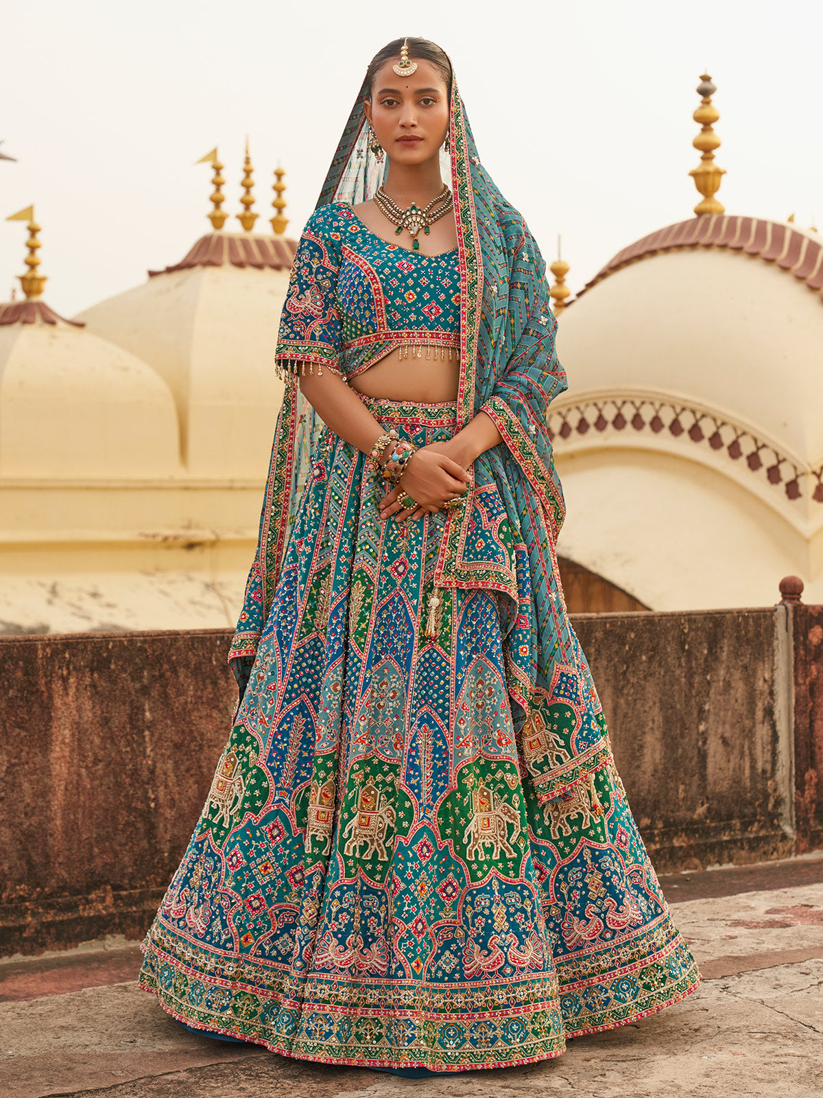 Rama blue royal jharokha women bridal lehenga choli