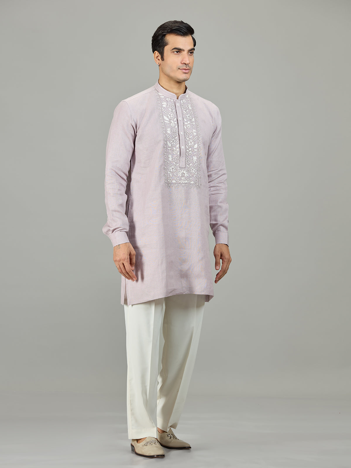 Lilac purple royal botanical linen men kurta suit