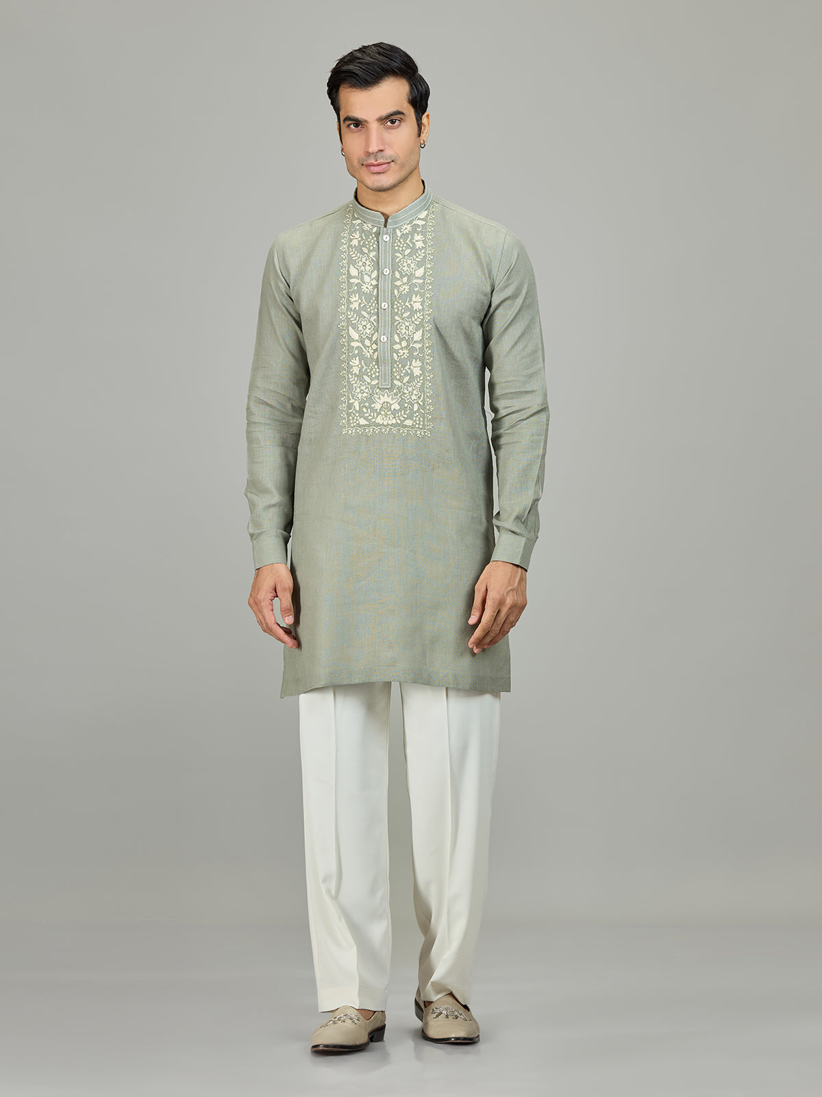 Stone green botanical panel linen men kurta suit
