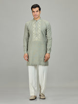 Stone green botanical panel linen men kurta suit