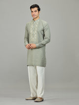 Stone green botanical panel linen men kurta suit