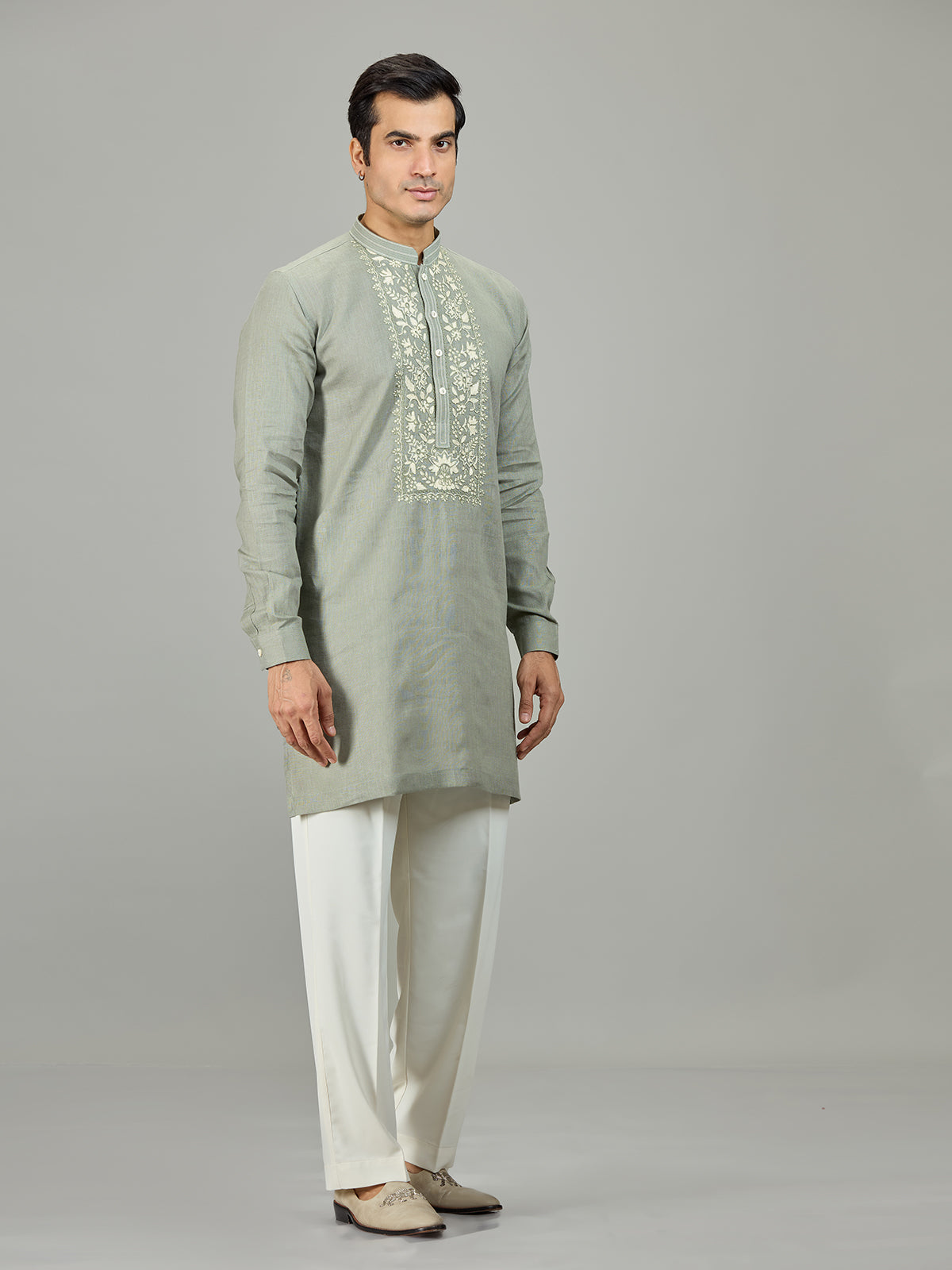 Stone green botanical panel linen men kurta suit