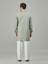 Stone green botanical panel linen men kurta suit