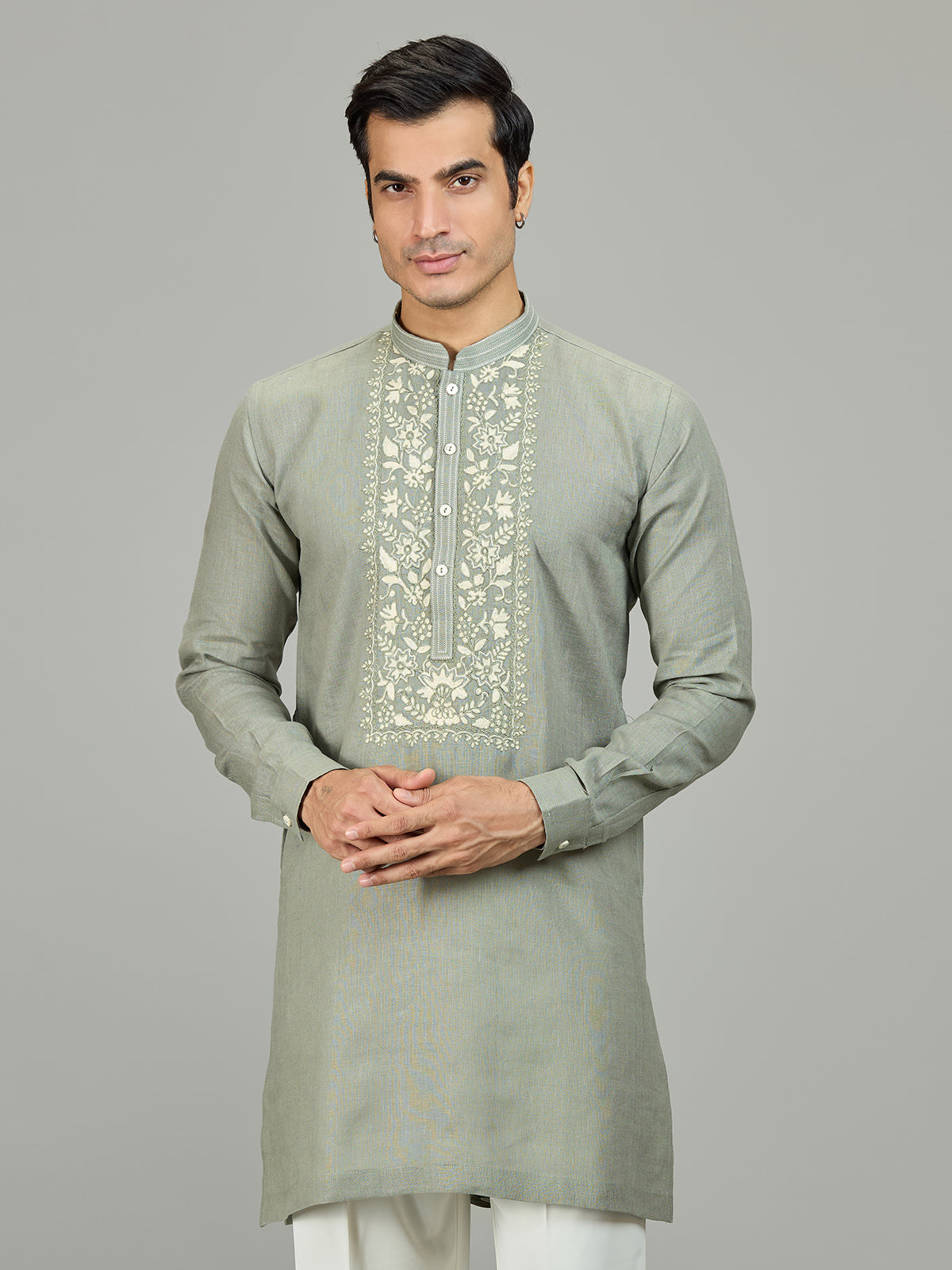 Stone green botanical panel linen men kurta suit