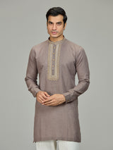 Grey leaf motif zardosi linen men kurta suit
