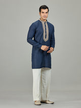 Blue textured leaf border linen men kurta suit