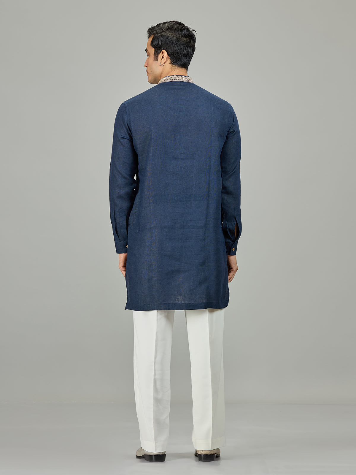 Blue textured leaf border linen men kurta suit