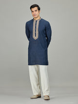Blue textured leaf border linen men kurta suit