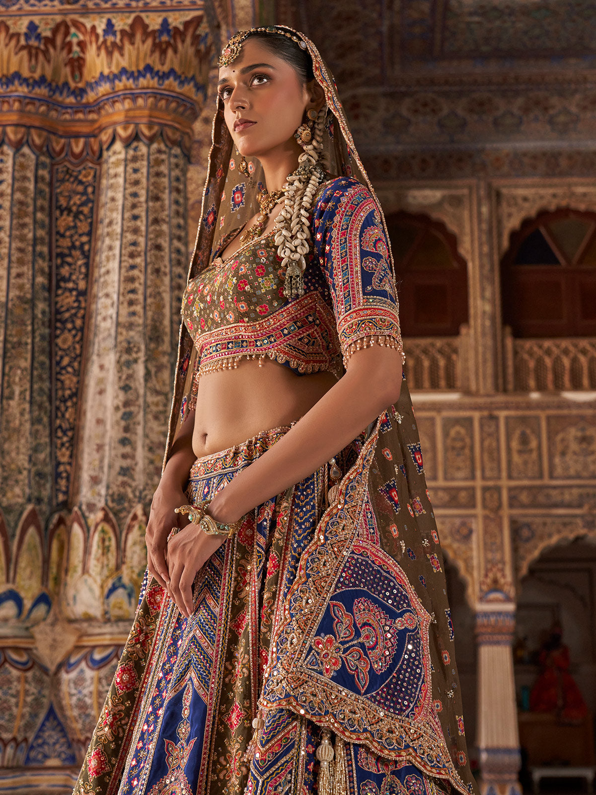 Rama blue mughal chevron women bridal lehenga choli