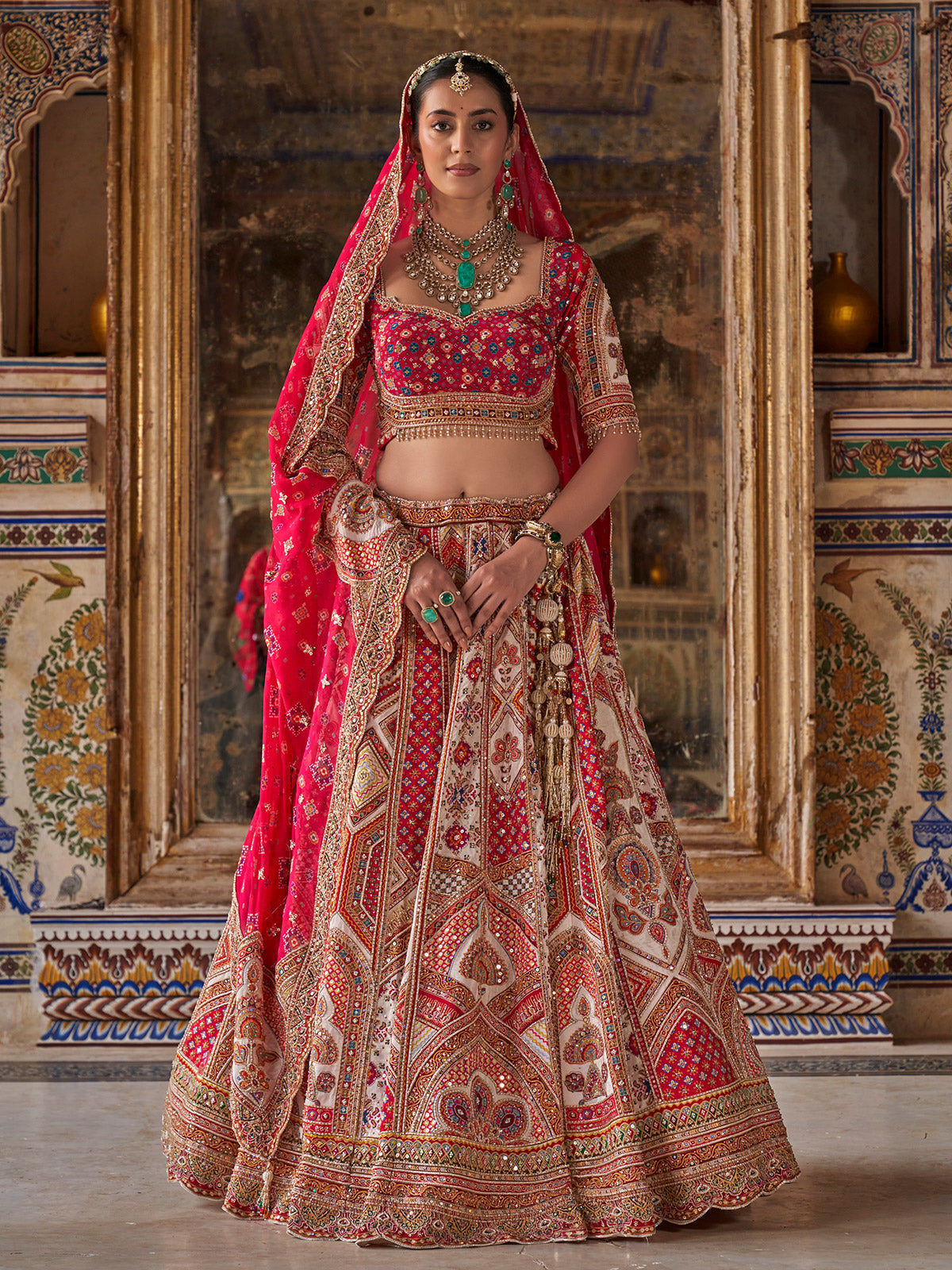 White mughal chevron women bridal lehenga choli
