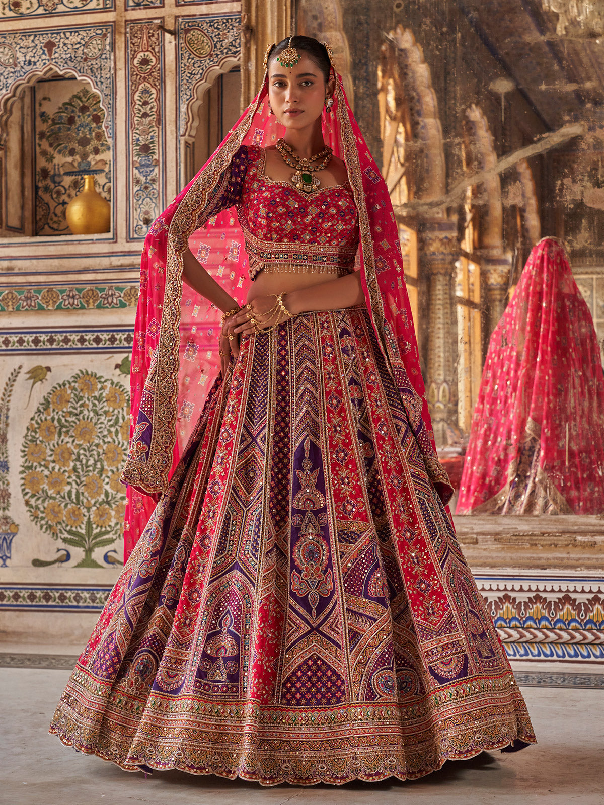 Wine mughal chevron women bridal lehenga choli