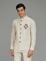 Cream ornate medallion zardosi linen waistcoat set