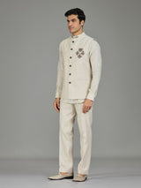 Cream ornate medallion zardosi linen waistcoat set