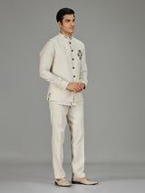 Cream ornate medallion zardosi linen waistcoat set