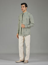 Pista green royal embroidered linen waistcoat set