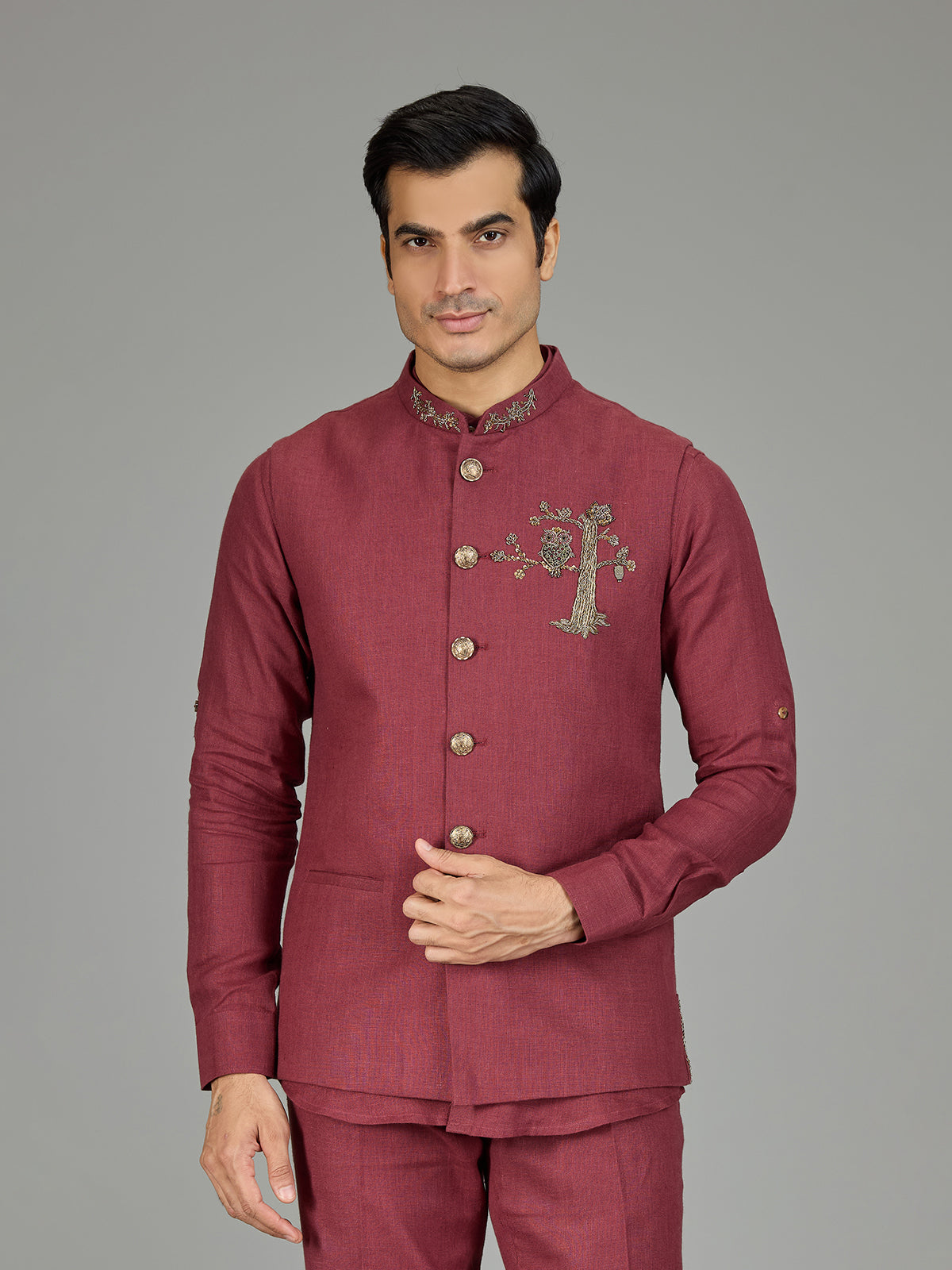 Dusty red heritage nehru jacket linen set