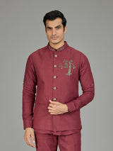 Dusty red heritage nehru jacket linen set