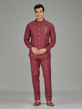 Dusty red heritage nehru jacket linen set