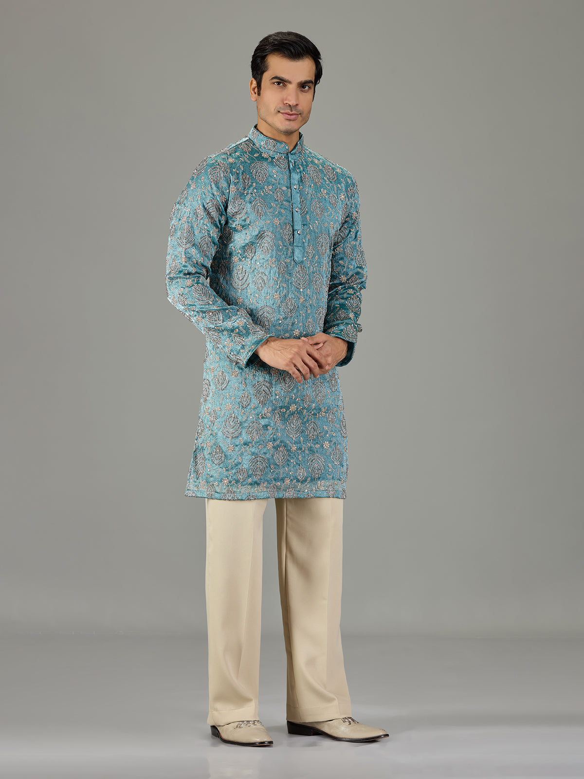 Pastel blue textured festive men kurta suit