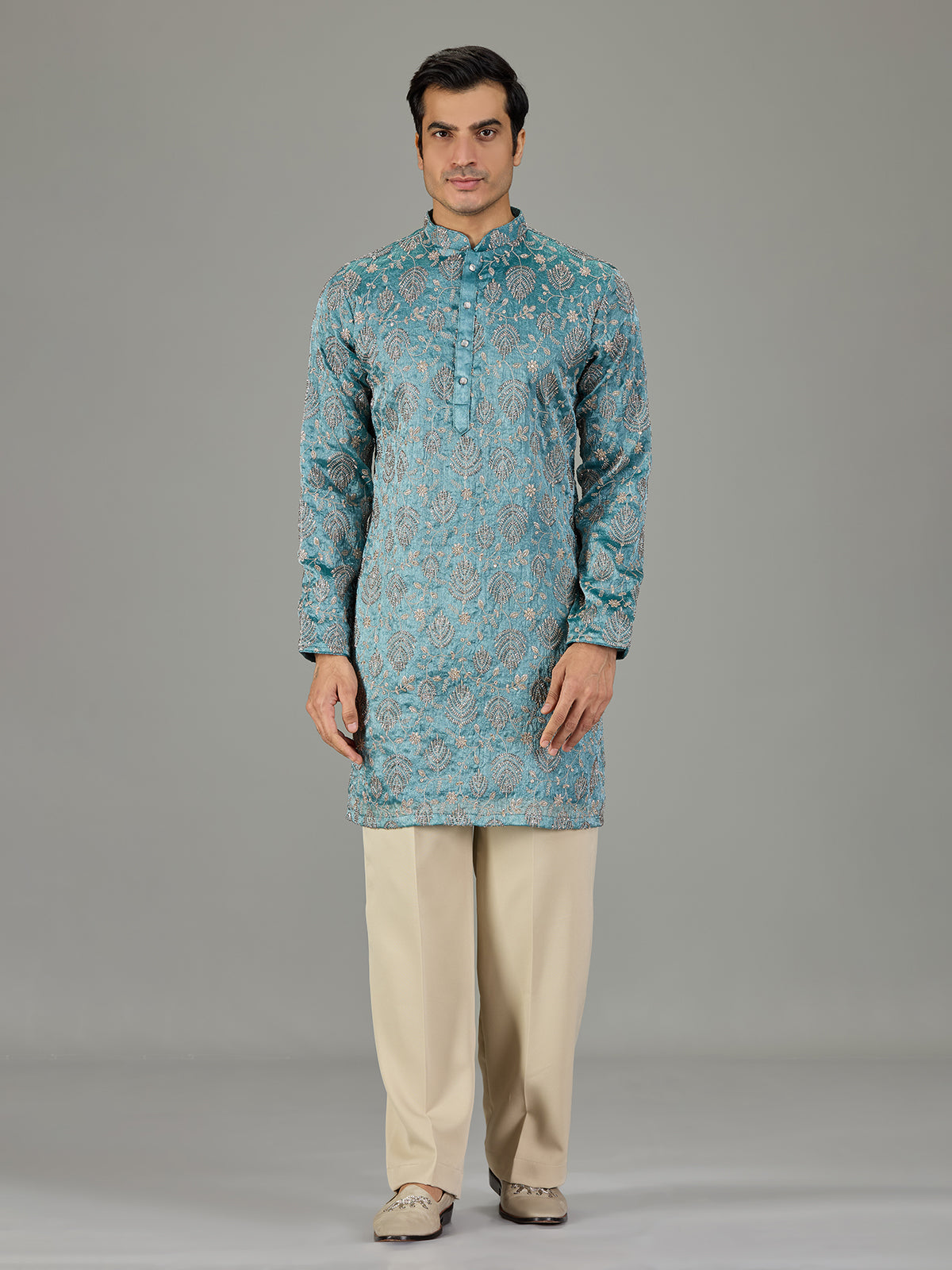 Pastel blue textured festive men kurta suit