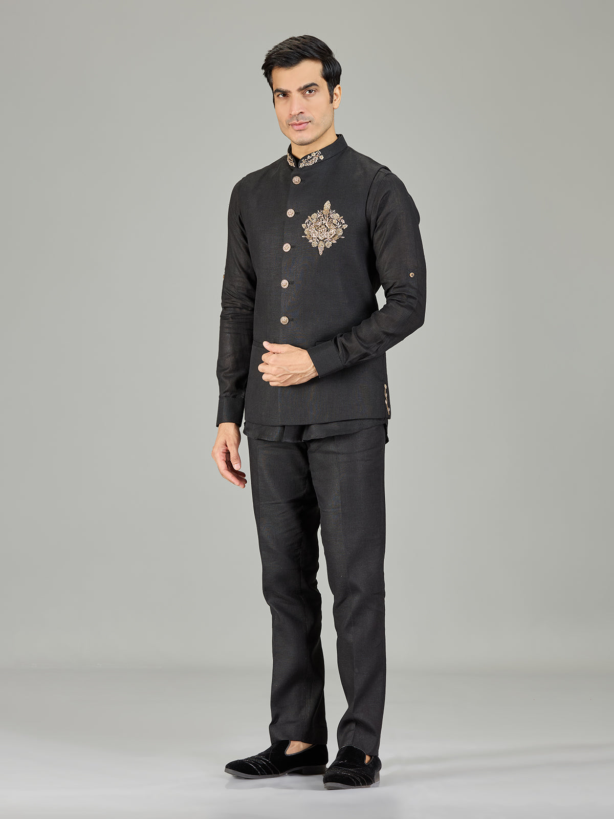 Black royal floral medallion linen waistcoat set