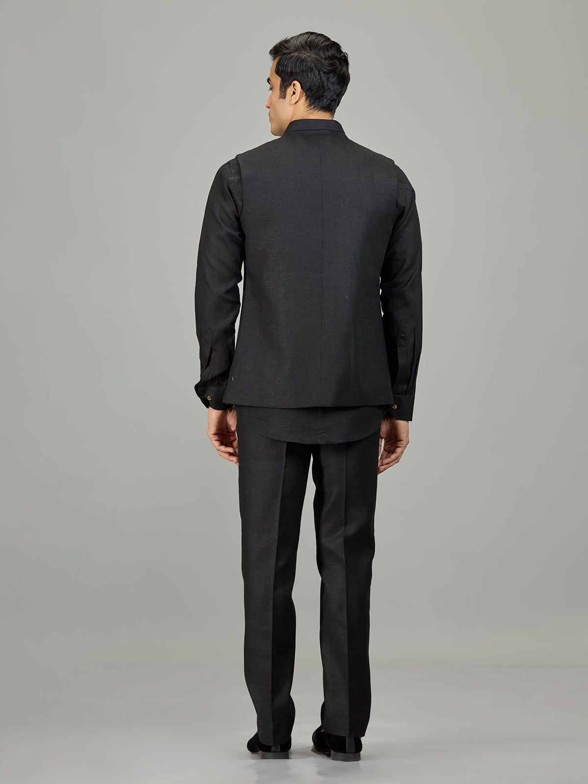 Black heritage owl motif linen nehru jacket set
