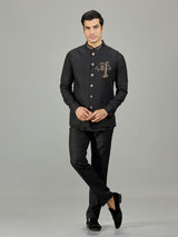 Black heritage owl motif linen nehru jacket set