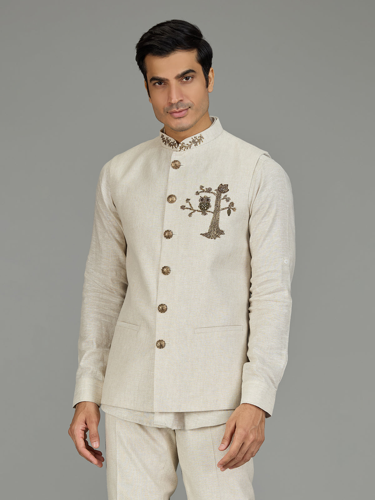 Cream owl motif zardosi linen waistcoat set