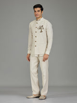 Cream owl motif zardosi linen waistcoat set