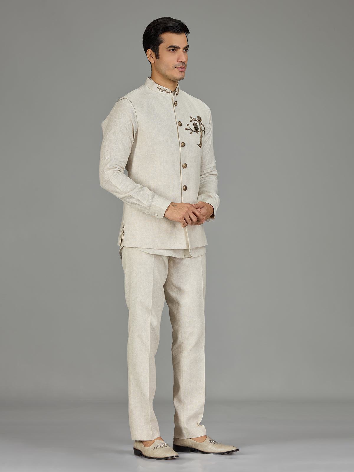 Cream owl motif zardosi linen waistcoat set