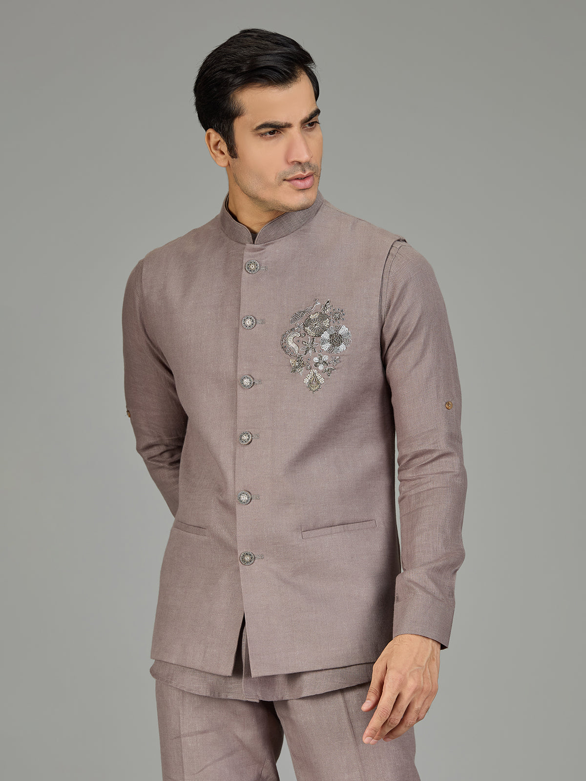 Dusty onion pink floral linen nehru jacket set
