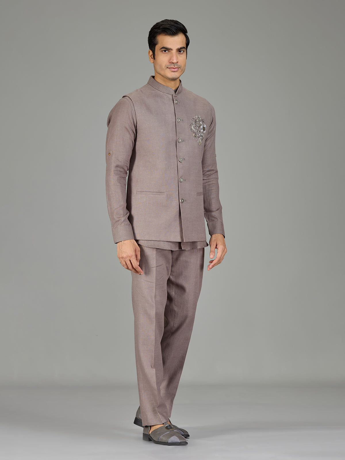 Dusty onion pink floral linen nehru jacket set