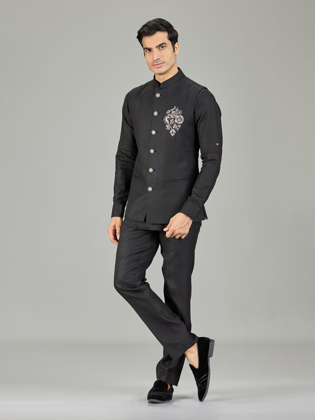 Black modern peacock embroidered linen waistcoat set
