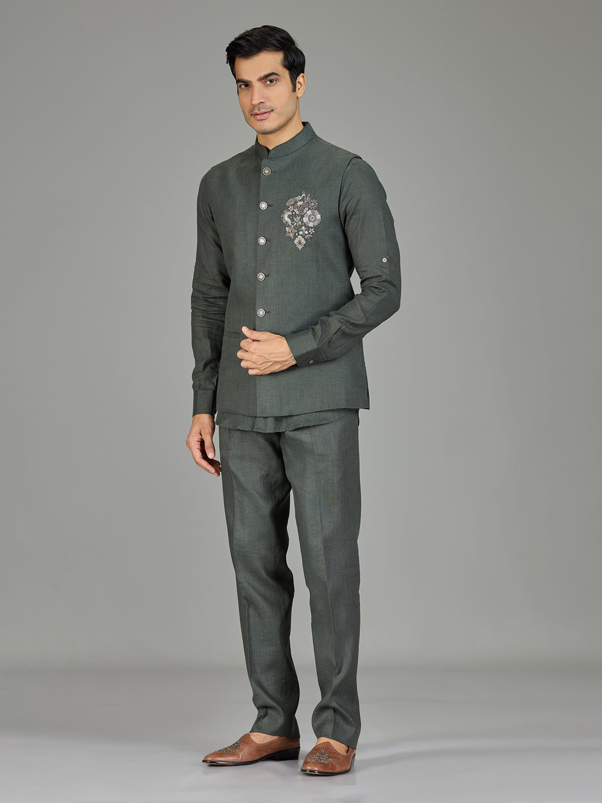 Sage green contemporary floral linen waistcoat set