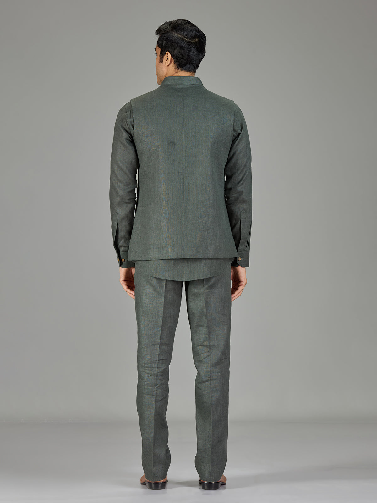 Sage green contemporary floral linen waistcoat set