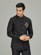 Black antique medallion linen nehru jacket set