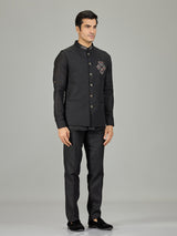Black antique medallion linen nehru jacket set