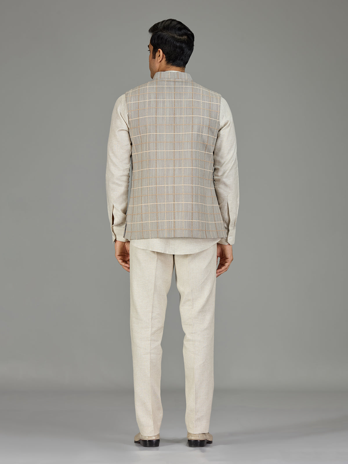 Grey textured grid linen waistcoat set