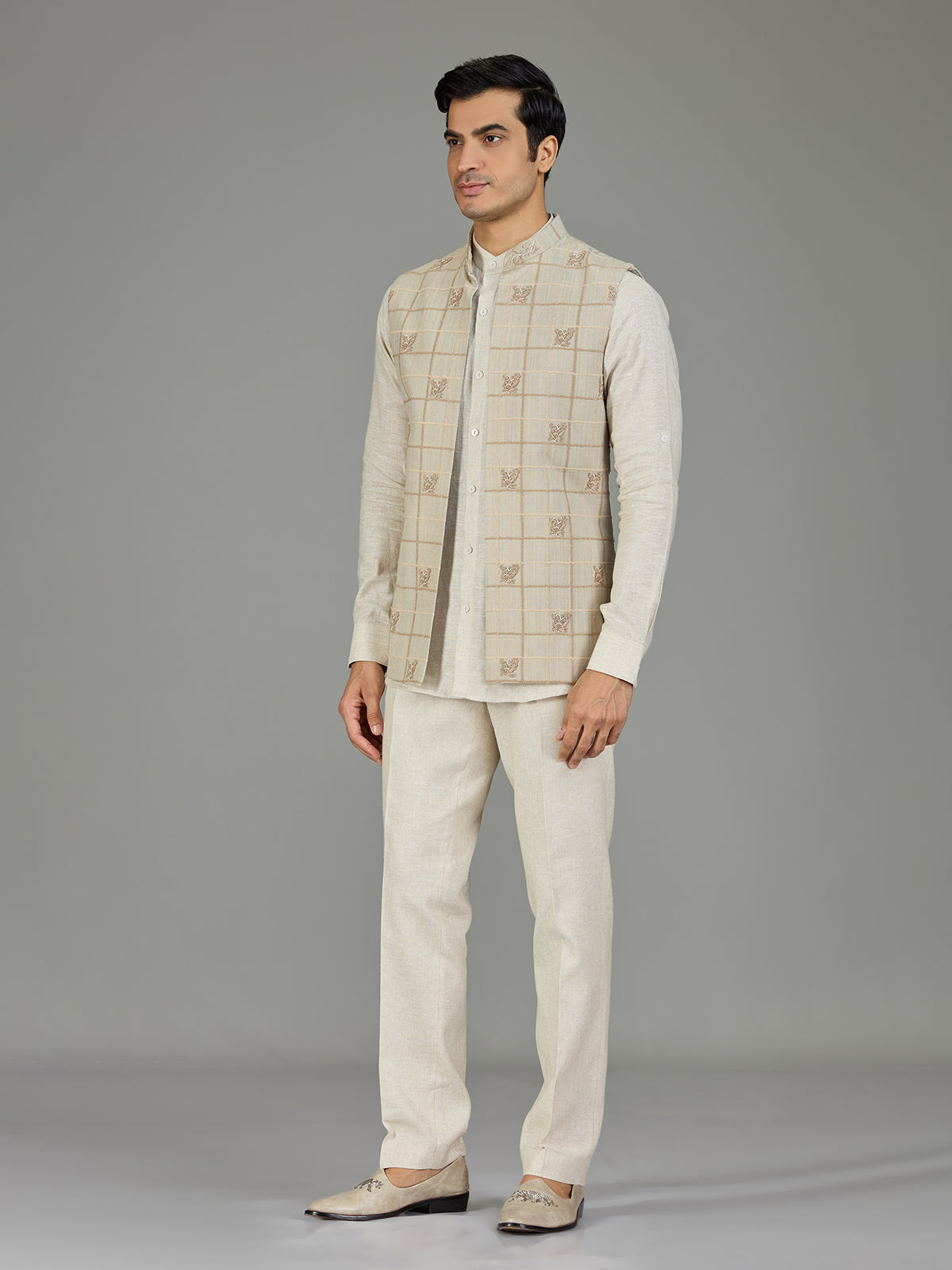 Light pista checked linen nehru jacket set