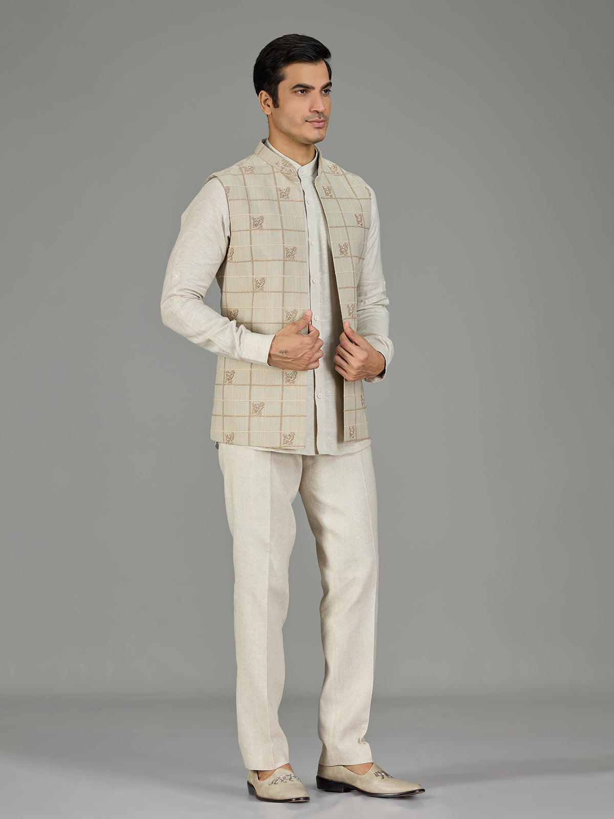 Light pista checked linen nehru jacket set